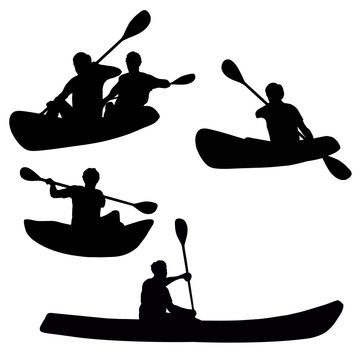Kayakers isolated silhouettes set