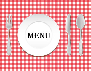 Plate,fork, knife, spoon, cutlery on red checkered tablecloth. Copy space text. Vector illustration. Menu template