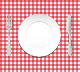 Plate,fork, knife, cutlery on red checkered tablecloth. Copy space text. Vector illustration. Menu template