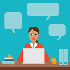 Pretty young woman working on laptop smiling happy. Office manager consultant workplace. Vector flat design illustration