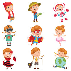 Vector Illustration Of Little Girl Wearing Various Costumes