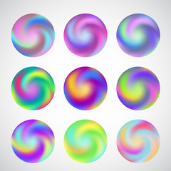 Hazy holographic mix round backgrounds isolated on white. Set of mild twist gradients, futuristic fantastic backdrops for summer concerts, festivals, beach parties banners and posters.
