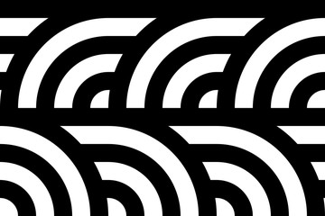 Obraz premium Seamless pattern with circles and striped black white straight lines. Optical illusion effect. Geometric tile in op art style. Vector illusive background for cloth, textile, print, web.