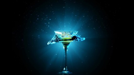 Modern cocktail with lemon fall in glass, splashing water on dark background. Blue light beams, drops, bokeh and glare move on the frame. Entertainment and relaxation. Frozen in motion. Slow motion 4K - Powered by Adobe