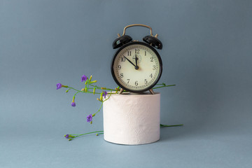 toilet paper and flowers with alarm clock