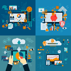 Set of Bitcoin Mining farm. Crypto currency surrounded by cryptocoins or digital currency coins, with computers and gadgets.Vector illustration in flat style. Modern financial infographics
