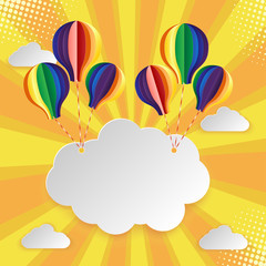 Paper art signboard cloud on sky with colorful balloon. Vector illustration