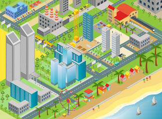 Isometric vector of city map with modern buildings and beach area with amusement park.