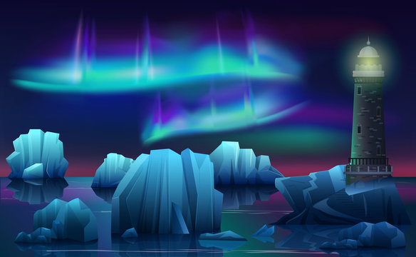 Vector Winter landscape of Lighthouse in the ice arctic ocean with icebergs. Polar night with aurora borealis northen lights.