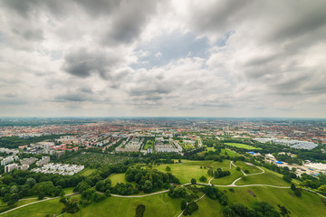 Munich, Germany June 09, 2018: Munich city from above. Panorama of the city of Munich. High angle view over Munich. 