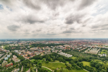 Munich, Germany June 09, 2018: Munich city from above. Panorama of the city of Munich. High angle view over Munich. 
