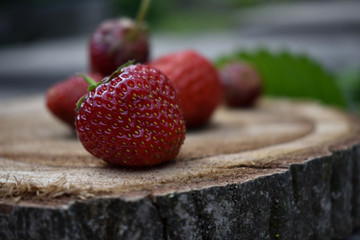 Strawberry fruit on the wooden