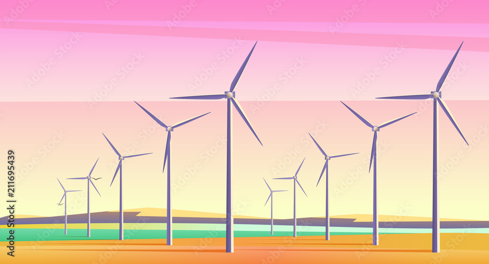 Wall mural vector illustration with rotation windmills for alternative energy resource in spacious field with p