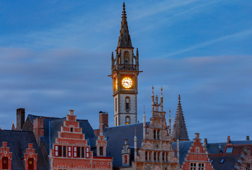 Gent. Clock tower at sunset.