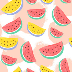 Seamless Watermelon Pattern isolated on hand drawn brush backgro