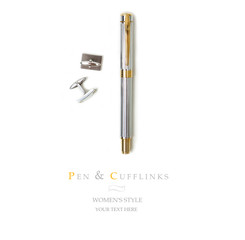 Elegant gold plated business fountain pen isolated on white with clipping path. Male style pen with cuff links. Top view with space for text. 