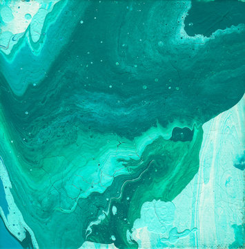 Teal, Turquoise, Blue, And Green Fluid Acrylic Abstract Painting With Copy Space