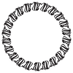 Black and white round frame with floral silhouettes. Copy space. 