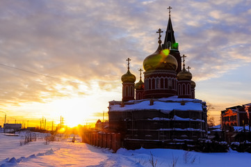 Church in the sunset. Znamensky Cathedral. Female monastery. Barnaul, Russia.
