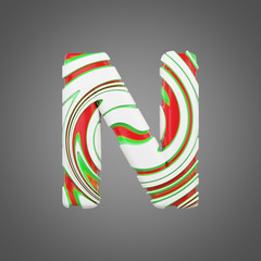 Holiday alphabet letter N uppercase. Christmas font made of peppermint candy canes. 3D render.