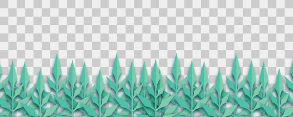Paper cut vector art. Grass origami transparent background. Floral abstract banner design. Craft 3d plant eco card. Illustration leaf lush template.