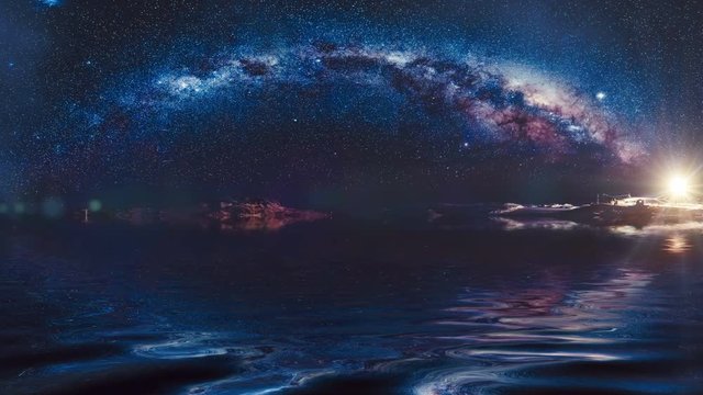 Milky Way in Antarctica on Vernadsky Station. Thousand of stars reflected in ocean. Water waves motion. Night scene. Beauty world, travel, holidays. Nature landscape. 3D render. Slow motion 4K footage
