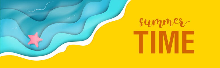 Background with paper cut ocean and beach. Summer time. Vector illustration