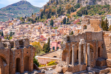 The caldron of the ancient Greek Theater of Taormina in the burning sunshine. Sicily, Italy