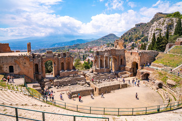 The caldron of the ancient Greek Theater of Taormina in the burning sunshine. Sicily, Italy