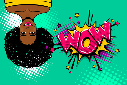 Wow face, smile black african-american young girl pop art. Woman pop art. Comic text advertise speech bubble. Retro halftone background.