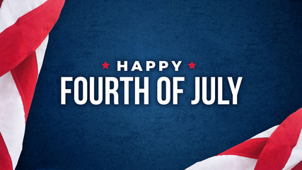 Fototapeta na wymiar Happy Fourth of July Text Over Blue Paper Texture Background and American Flags