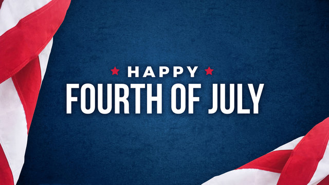 Happy Fourth of July Text Over Blue Paper Texture Background and American Flags