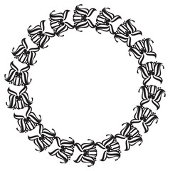 Black and white round frame with floral silhouettes. Copy space. 