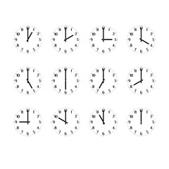 Clock Icon Set Showing the Times of Day. Clock Face, Hour and Minute Hands. Arabic Numerals. Black and White Vector Art
