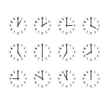 Clock Icon Set Showing the Times of Day. Clock Face, Hour and Minute Hands. Arabic Numerals. Black and White Vector Art