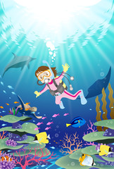 色とりどりの魚が泳ぐサンゴ礁の海をスキューバダイビングする女性