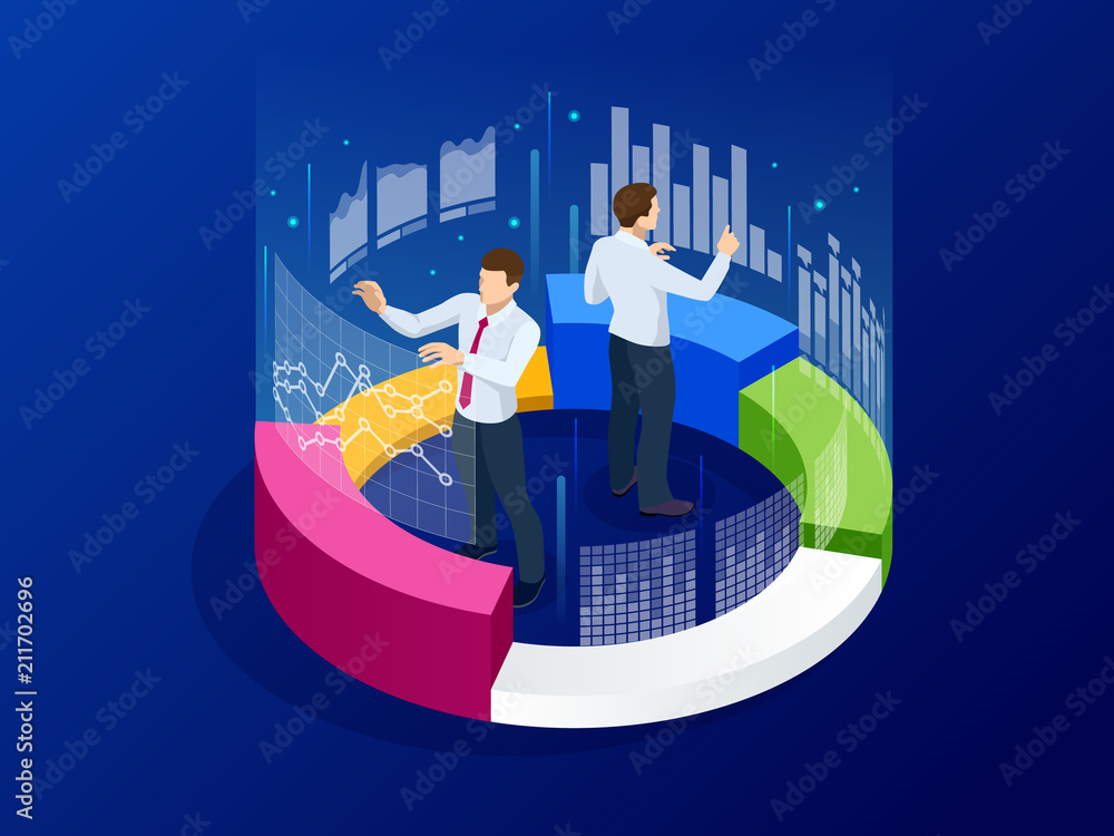 Poster isometric business analytics, strategy and planning. technology, internet and network concept. data 