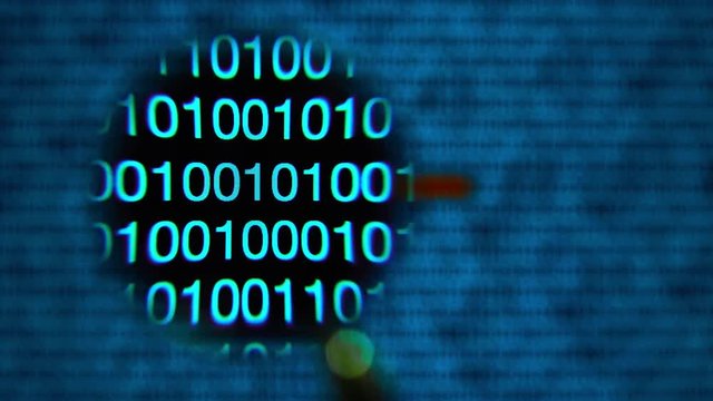 Magnifying glass moving left to right over computer screen with blue matrix style zeros and ones. Word crypto written in red letters in code line. Abstract. IT and hi tech concept.