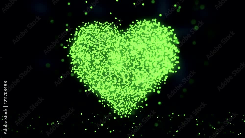Poster animation of flying flickering particles form a heart sign or like symbol on dark background with ea