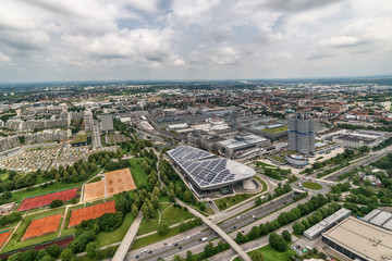 Munich, Germany June 09, 2018: Munich city from above. Panorama of the city of Munich. High angle view over Munich. 