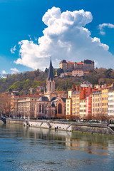 Obraz premium Saint Georges church and Saone river in the Old town om the sunny day, Lyon, France