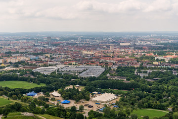 Fototapeta na wymiar Munich, Germany June 09, 2018: Munich city from above. Panorama of the city of Munich. High angle view over Munich. 