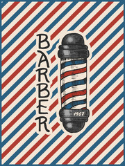 Barber shop pole badge label logo. Hipster emblem for signboard Haircut of beard and mustache. Engraved hand drawn in old vintage sketch. Modern Lettering