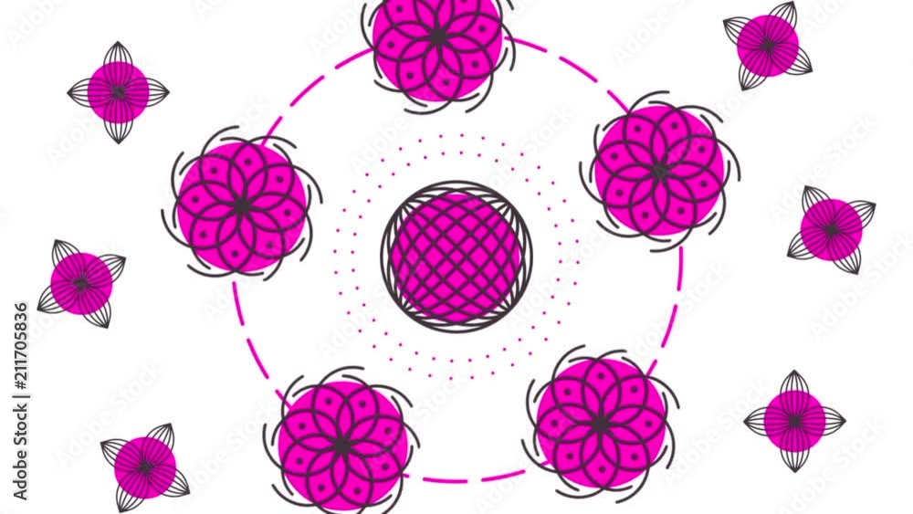 Poster abstract orange waving grid or mesh of pulsating geometric objects, flowers. abstract pink waving gr
