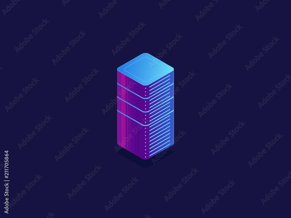 Poster server room, cloud data storage, data center database, technology blocks, digital science isometric