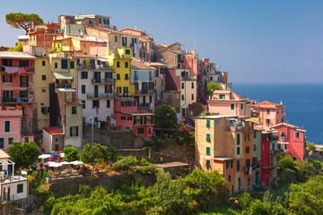 Aerial panoramic view of Corniglia fishing village in Five lands, Cinque Terre National Park, Liguria, Italy.