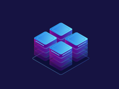 Ultraviolet banner, server room, abstract technology objects, cloud storage, data center isometric vector