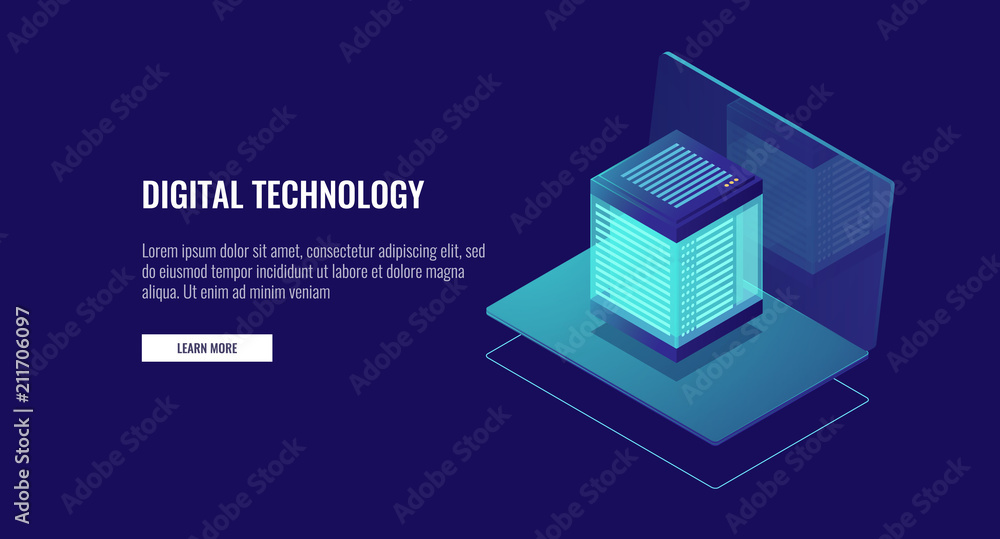 Poster laptop with database icon, cloud data storage, web hosting, server room