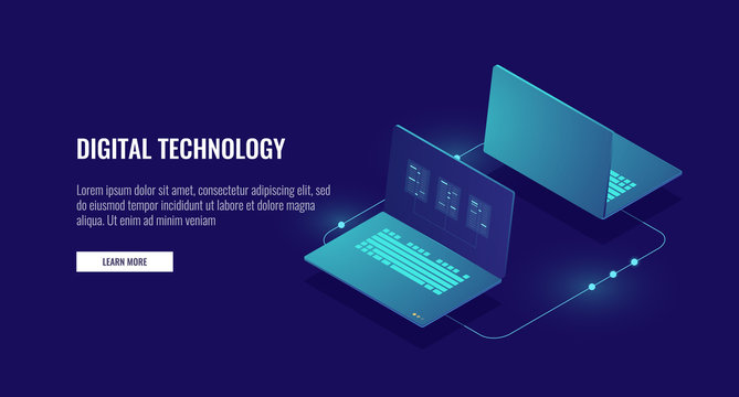 Two Laptop Computer Exchanging Data, Data Encryption, Protected Connection Concept Isometric