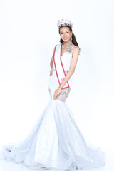 Miss Pageant Contest in Evening Ball Gown long ball dress with Diamond Crown, fashion make up hair style